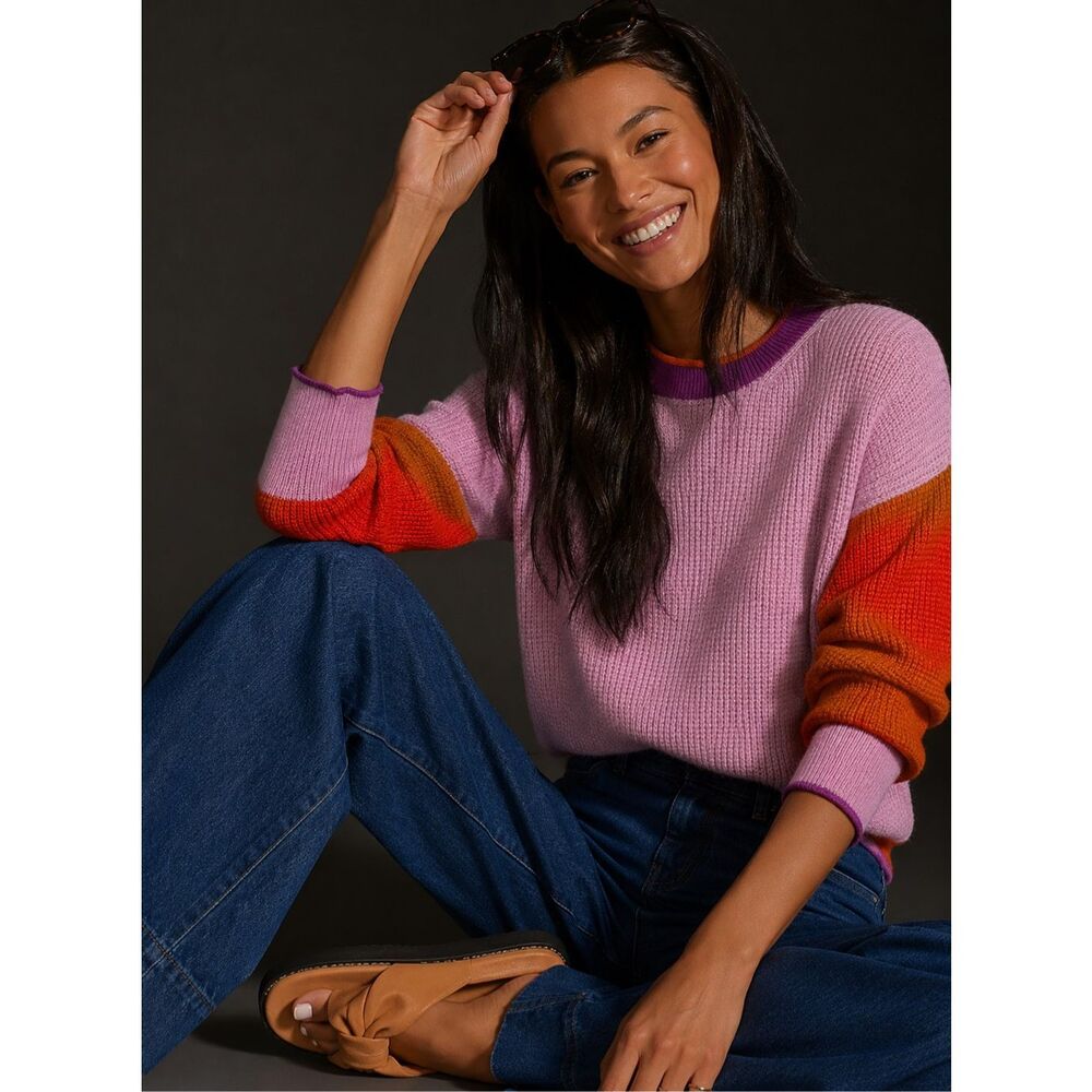 Anthropologie Maeve 100% Cashmere Colorblock Waffle Knit Crewneck Sweater Small